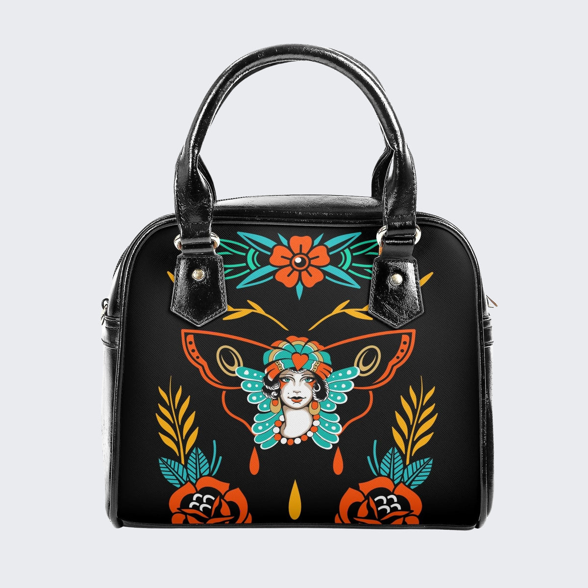 Old School Butterfly Woman Print - Leather Shoulder Handbag