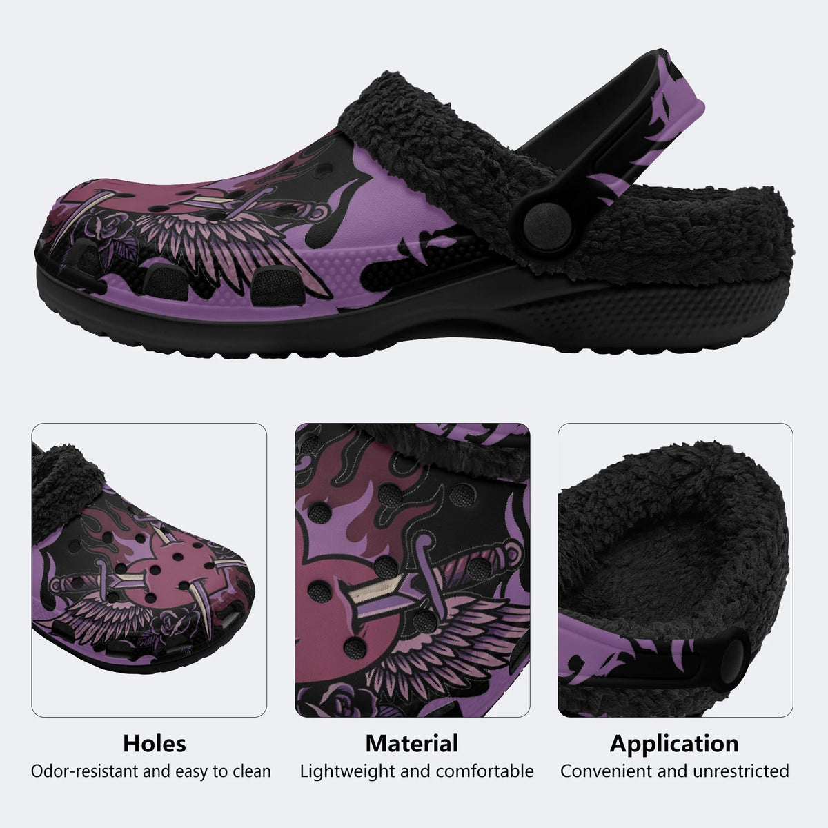 Gothic Dagger Winged Heart Rose Flame - Fur Lined Slippers/Sandals