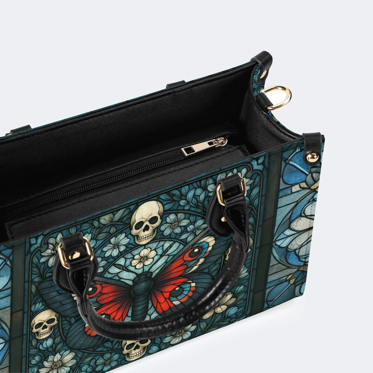Vintage Moth And Skull Print - Leather Handbag