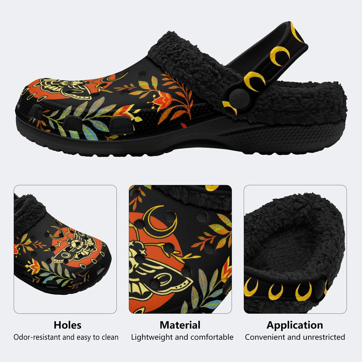 Death Moth Leaf Print - Fur Lined Slippers/Sandals