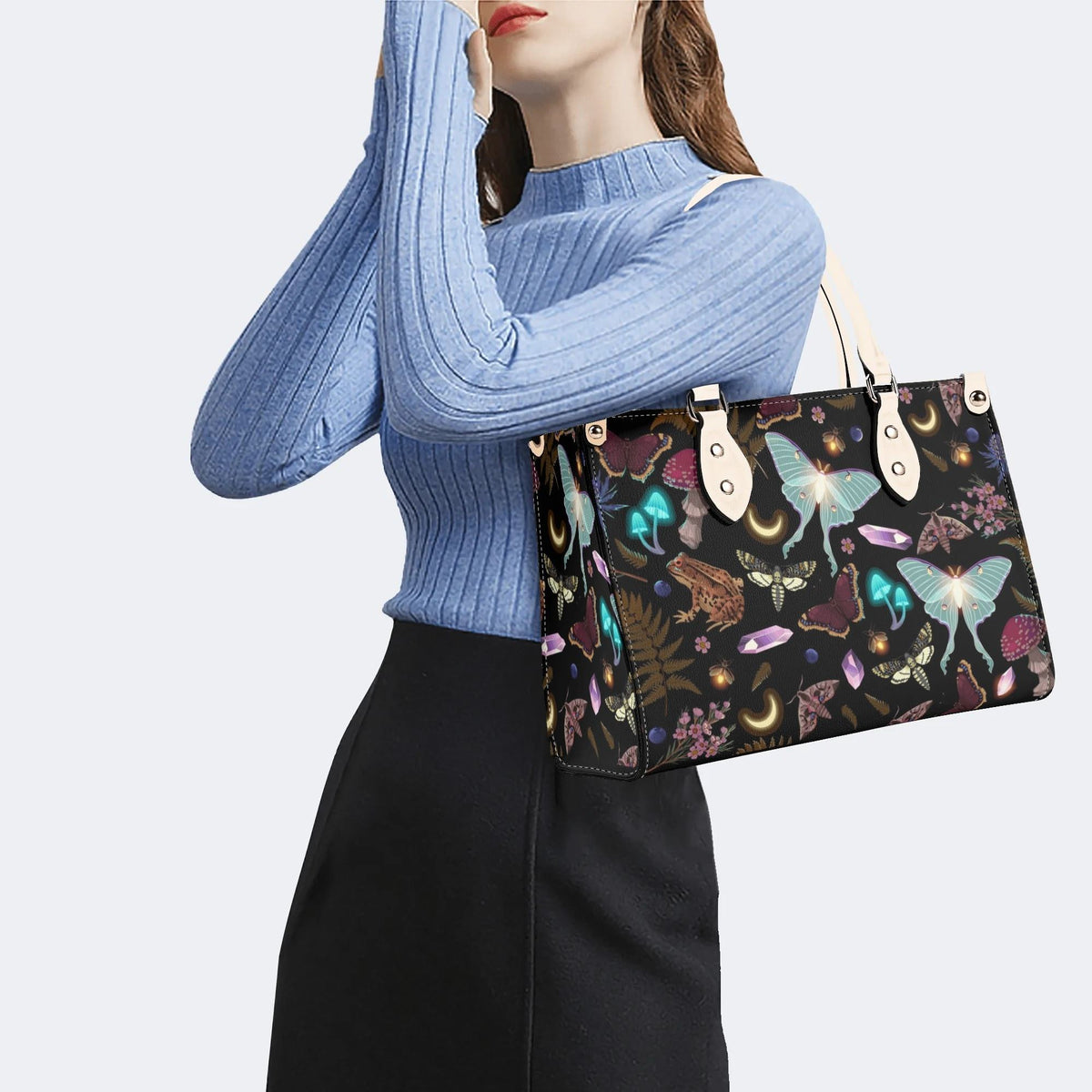 Fluorescent Moth And Botanical Print - Leather Handbag