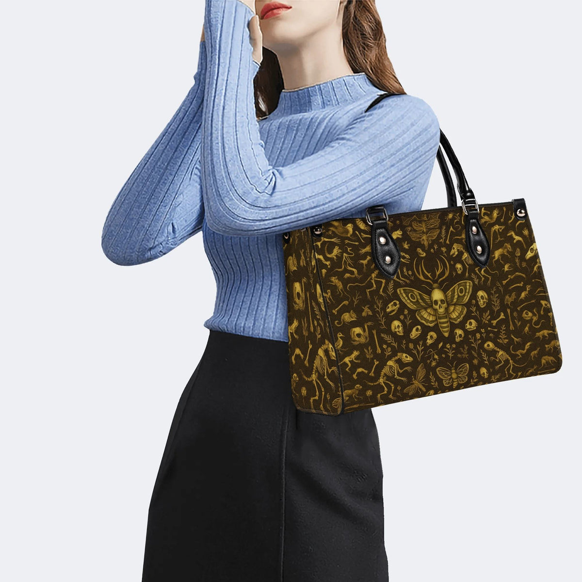 Death Moth And Animal Skeleton - Leather Handbag