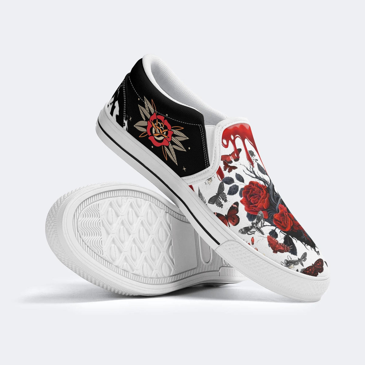 Heart Rose Butterfly Print - Slip On Shoes