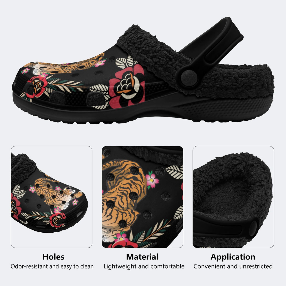 Tiger With Flowers Print - Fur Lined Slippers/Sandals