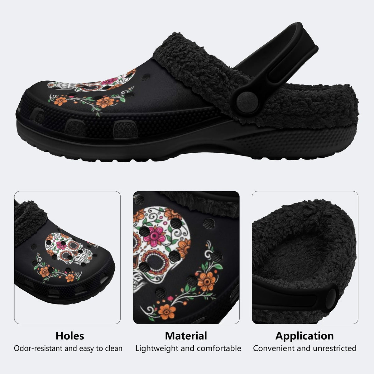 Gothic Sugar Skull - Fur Lined Slippers/Sandals