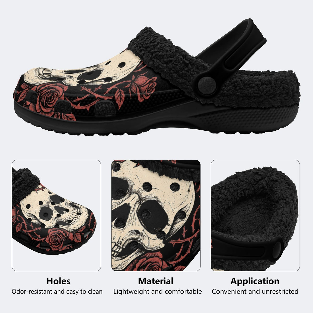 Gothic Skull Red Rose - Fur Lined Slippers/Sandals