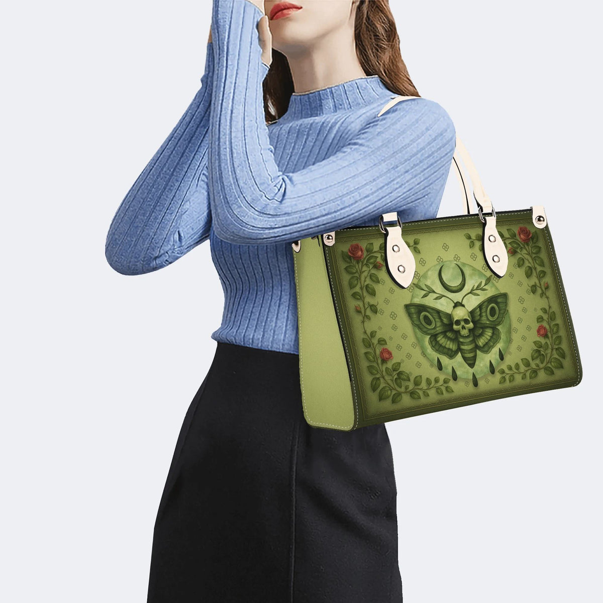 Green Death Moth Floral Print - Leather Handbag