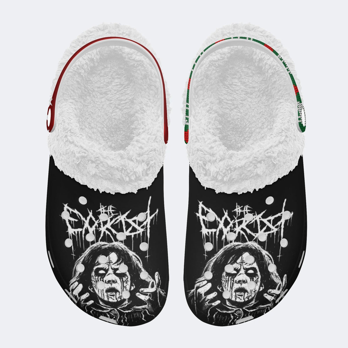 Unisex Black Metal Pinhead Print - Fur Lined Slippers/Sandals