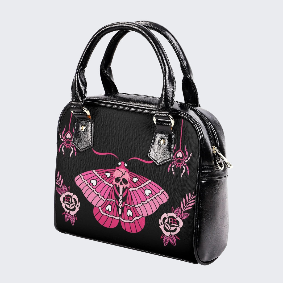 Pink Death Moth Print - Leather Shoulder Handbag