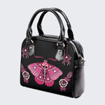 Pink Death Moth Print - Leather Shoulder Handbag