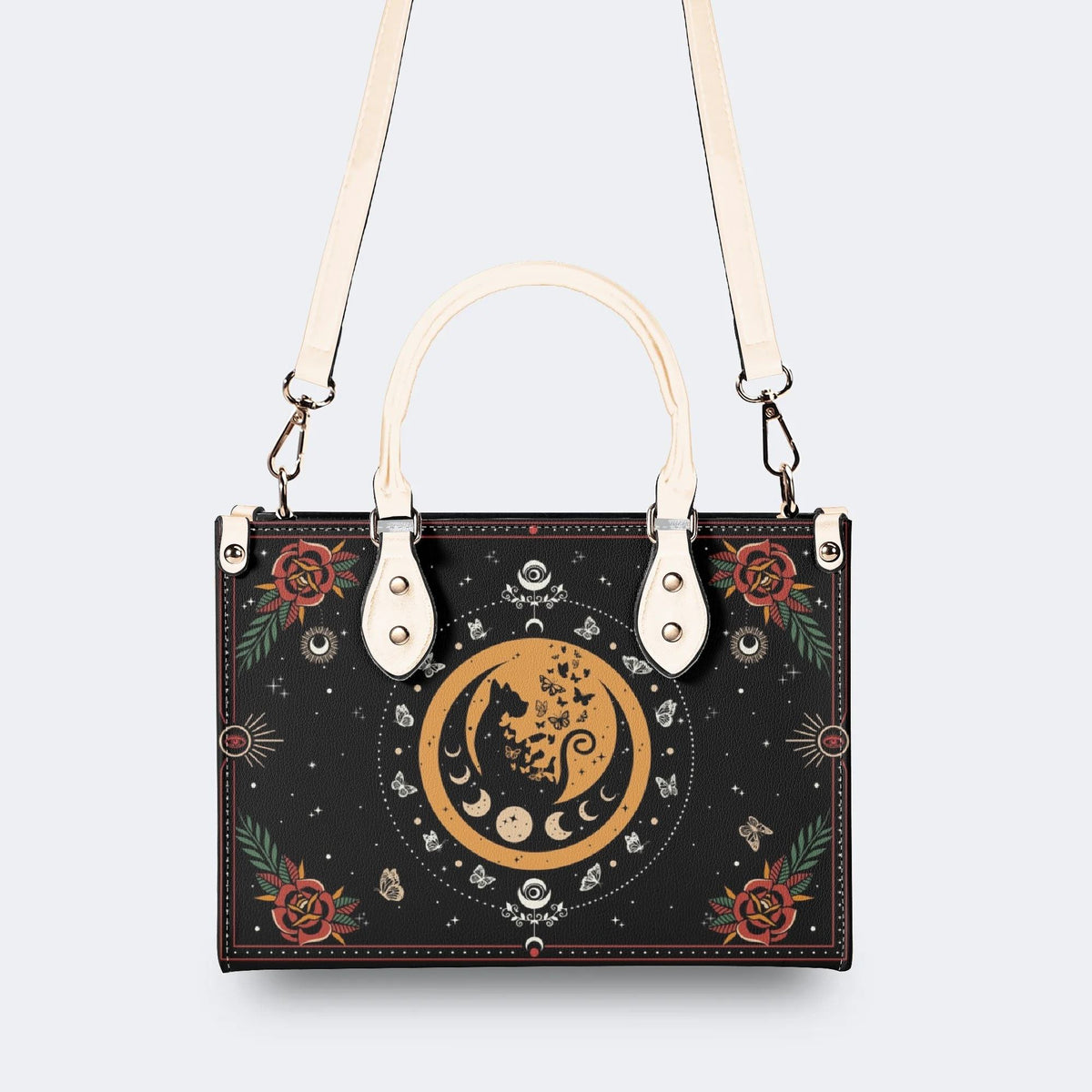 Dark Retro Moon Cat And Moth Print - Leather Handbag