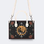 Dark Retro Moon Cat And Moth Print - Leather Handbag