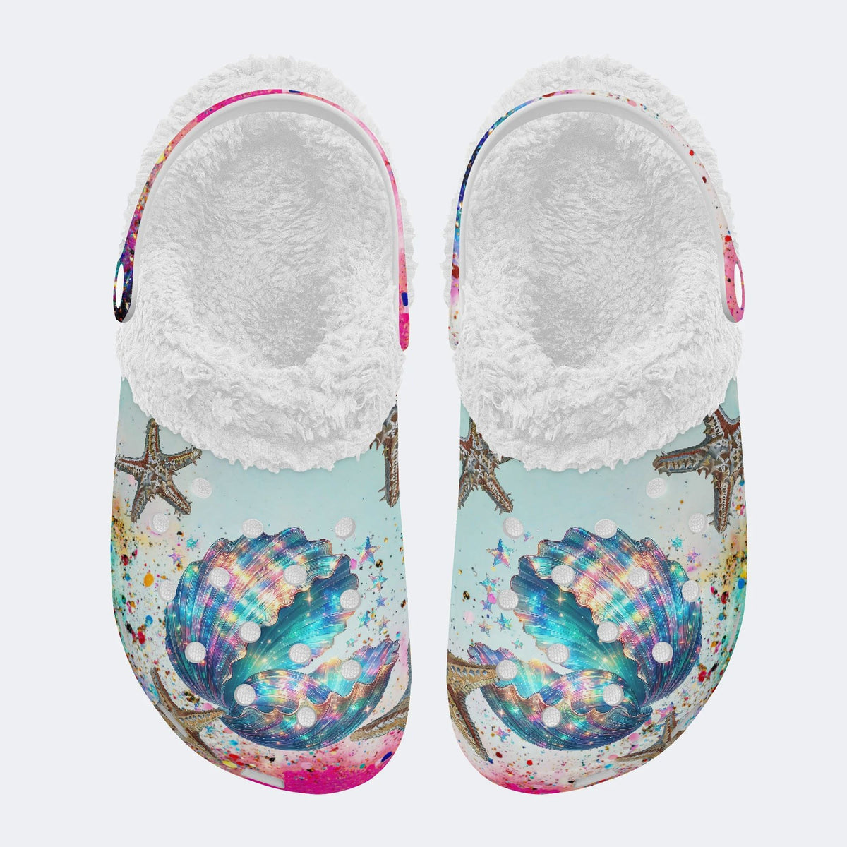 Colorful shells and starfish - Fur Lined Slippers/Sandals