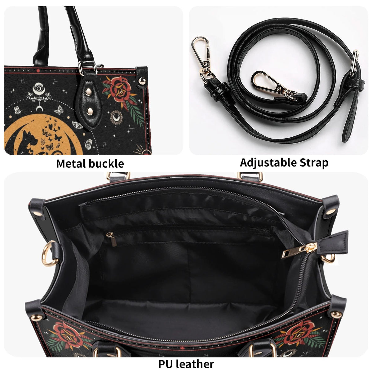 Dark Retro Moon Cat And Moth Print - Leather Handbag