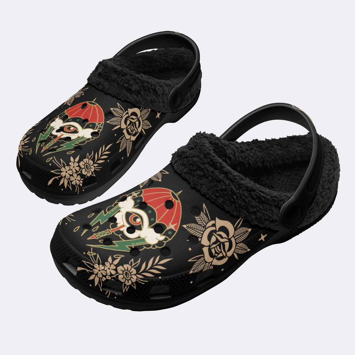 Lightning Umbrella Eyes Print - Fur Lined Slippers/Sandals