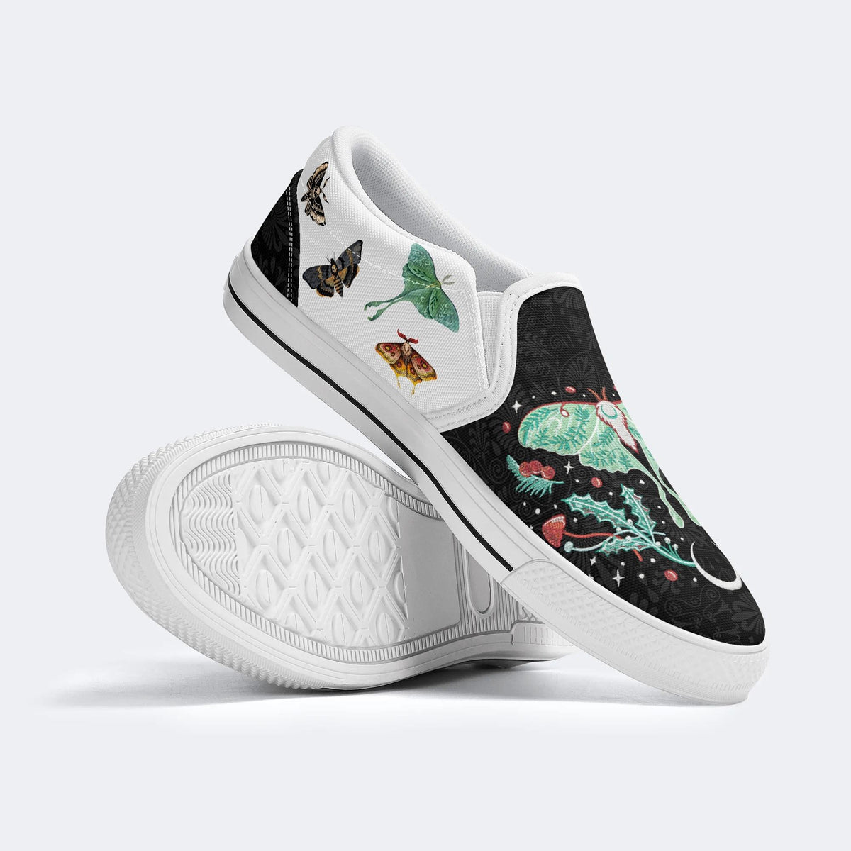 Green Moth In Mushroom Bush - Slip On Shoes