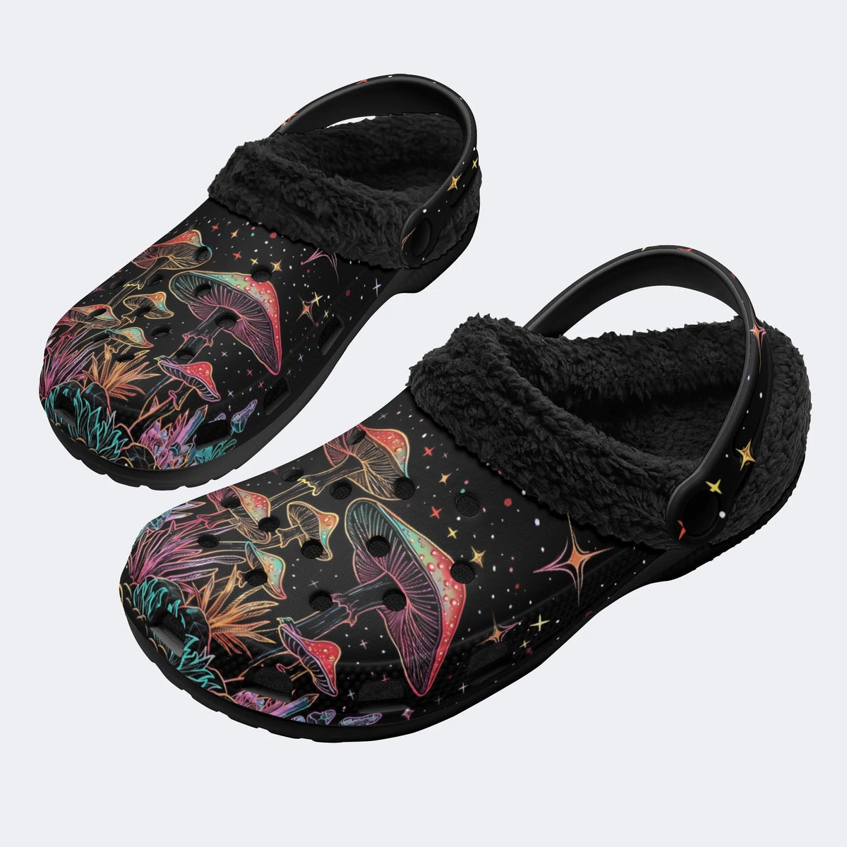 Colorful Starry Sky Mushroom Print - Fur Lined Slippers/Sandals