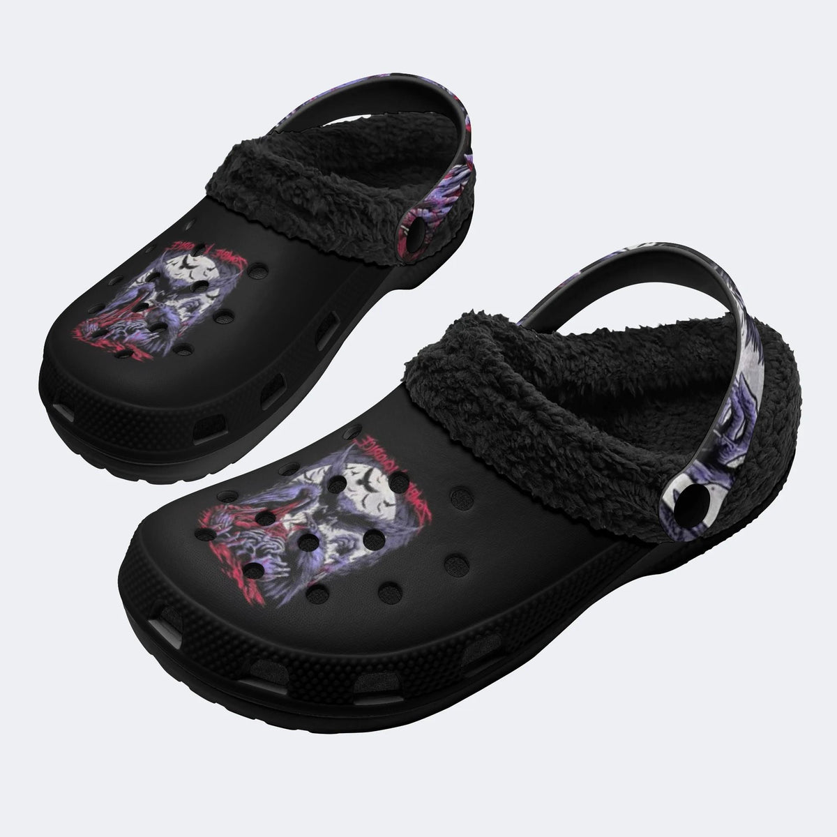 Punk Skull Crow Print - Fur Lined Slippers/Sandals