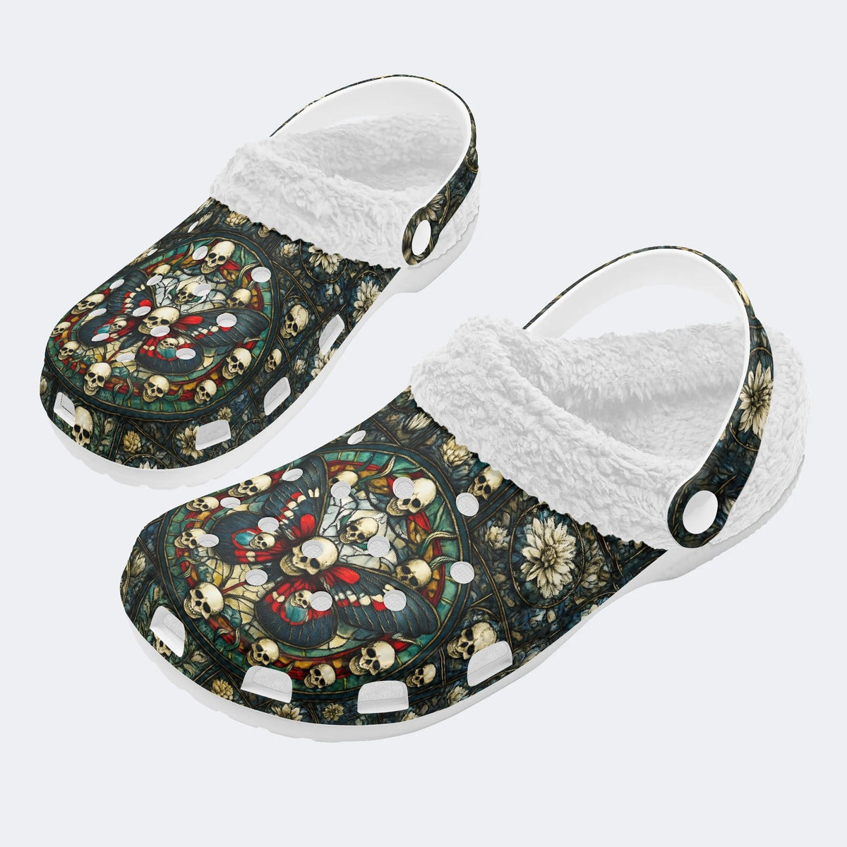 Skull And Moth Print - Fur Lined Slippers/Sandals