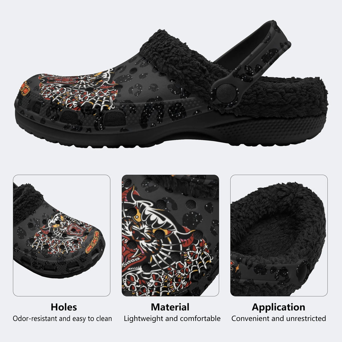 Classic Panther & Skull Print - Fur Lined Slippers/Sandals