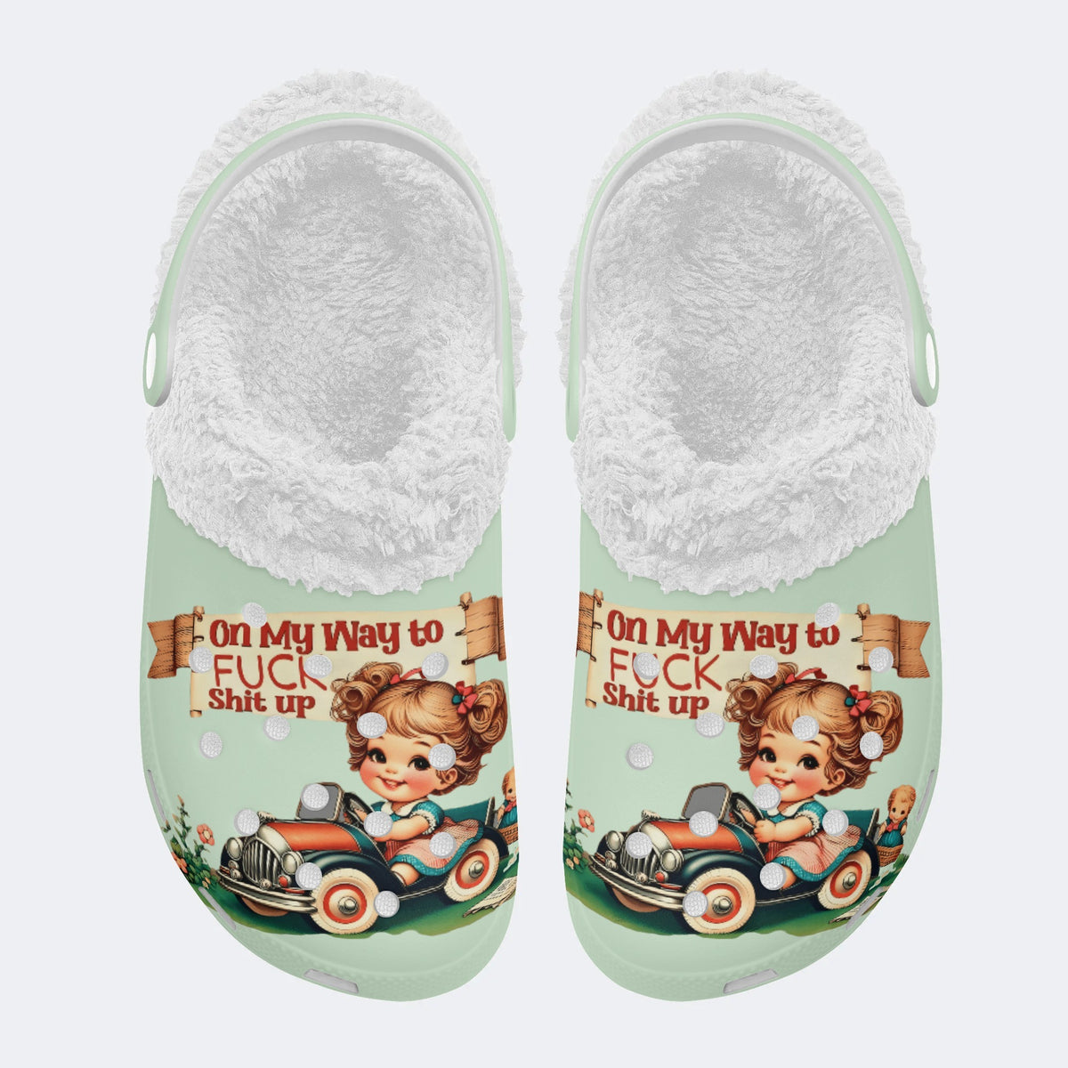 Vintage Girls Printed- Fur Lined Slippers/Sandals