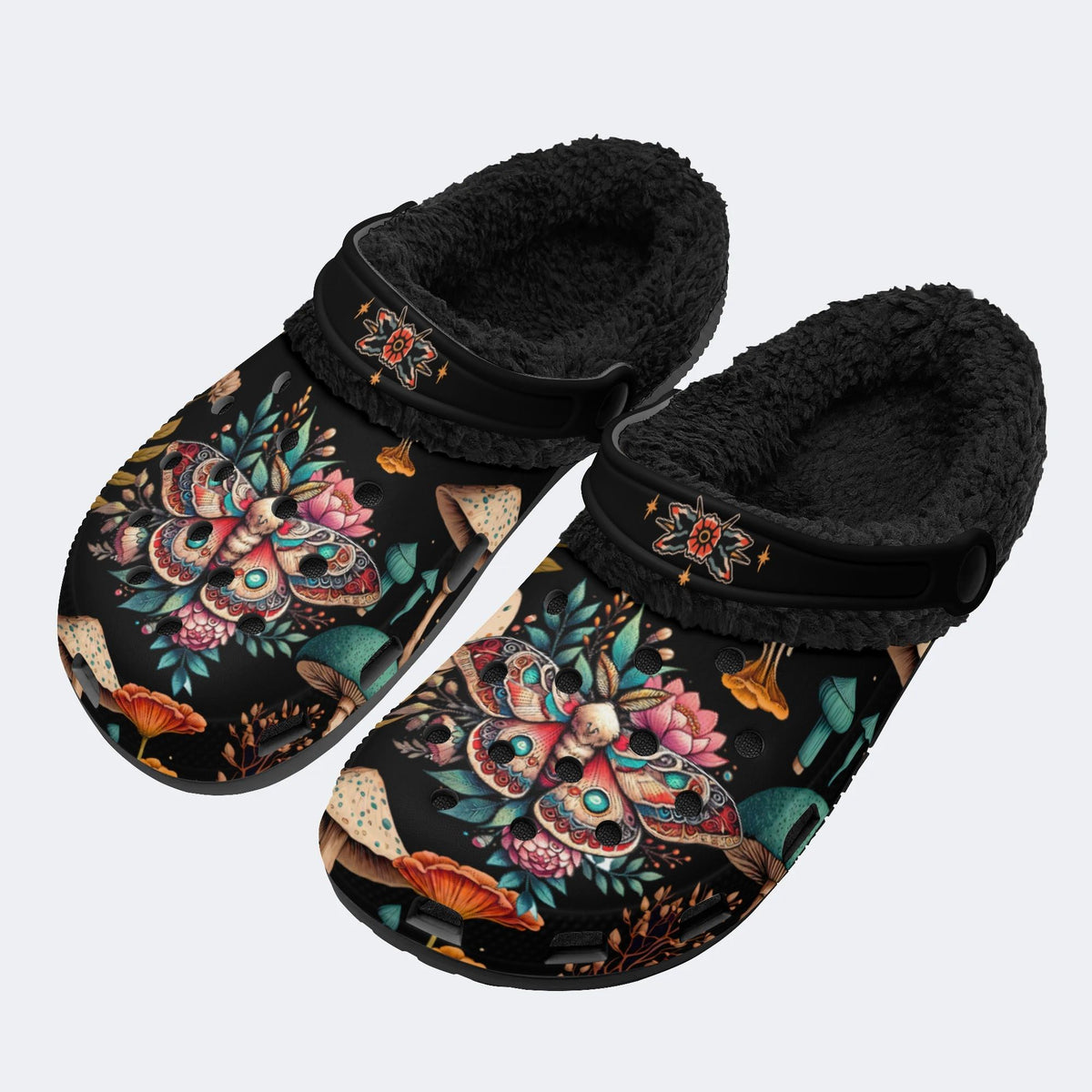 Moth Floral Mushroom Print - Removable Fur Lined Slippers/Sandals