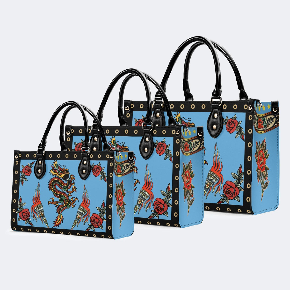 Vintage Torch And Dragon Print - Leather Handbag