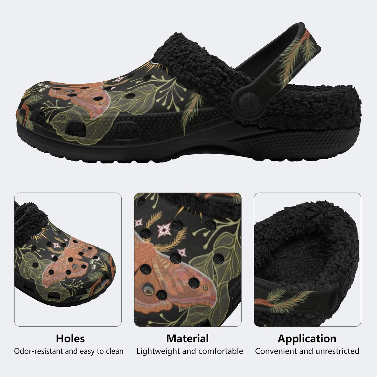 Dark Botanical Moth - Fur Lined Slippers/Sandals