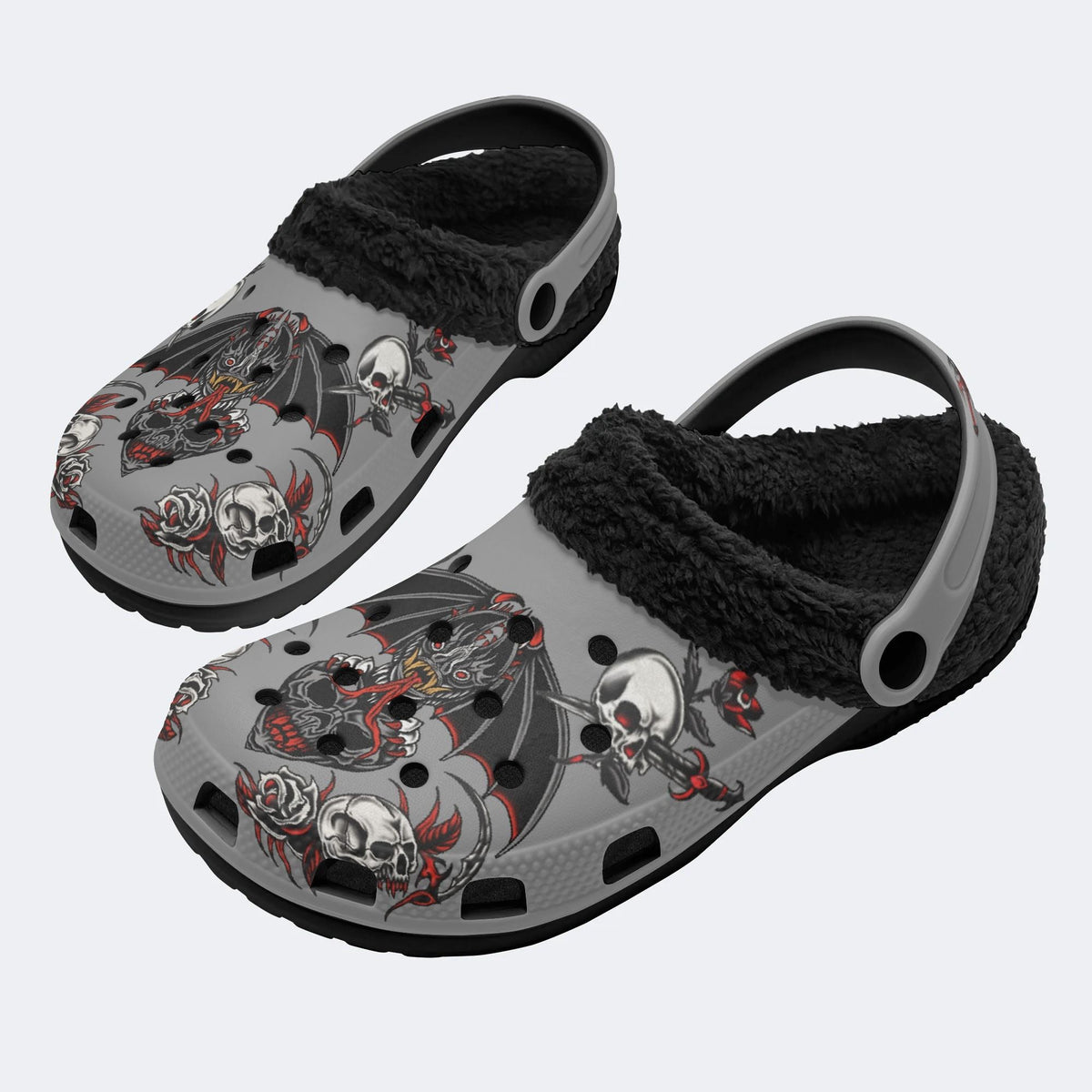 Horror Bat Skull Print - Fur Lined Slippers/Sandals