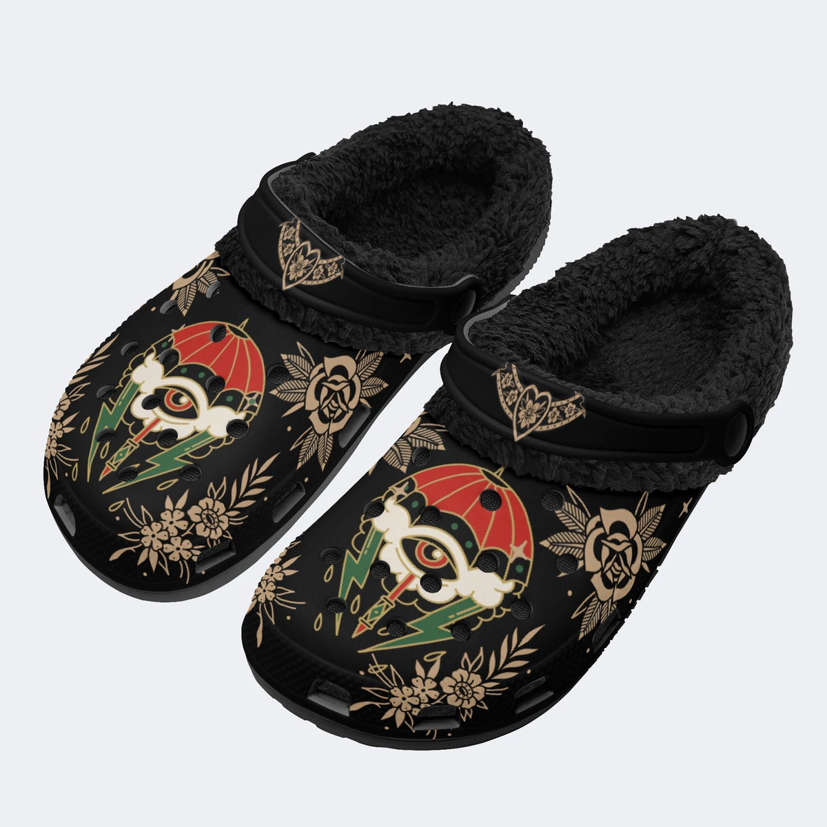 Lightning Umbrella Eyes Print - Fur Lined Slippers/Sandals