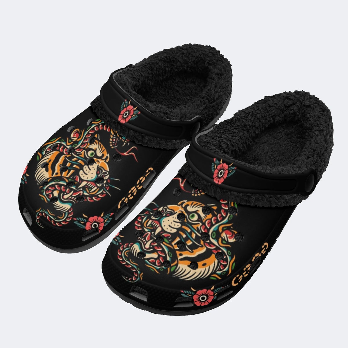 Vintage snake and tiger print - Fur Lined Slippers/Sandals