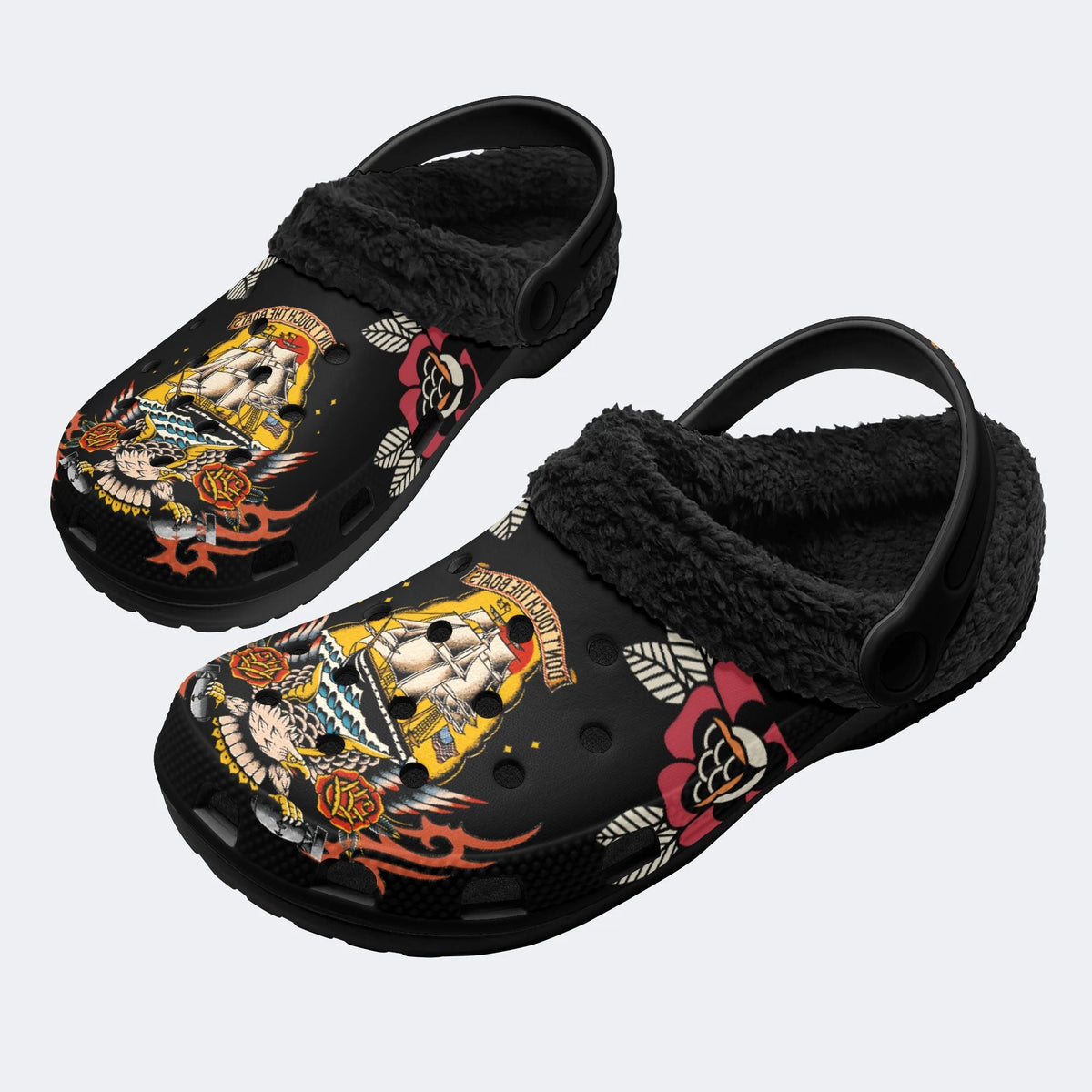 Sailboat&Eagle Vintage Print - Fur Lined Slippers/Sandals