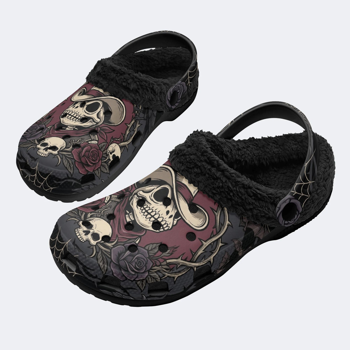 Gothic Cowboy Skeleton Thorn Rose Spider Web Cross‑Fur Lined Slippers/Sandals