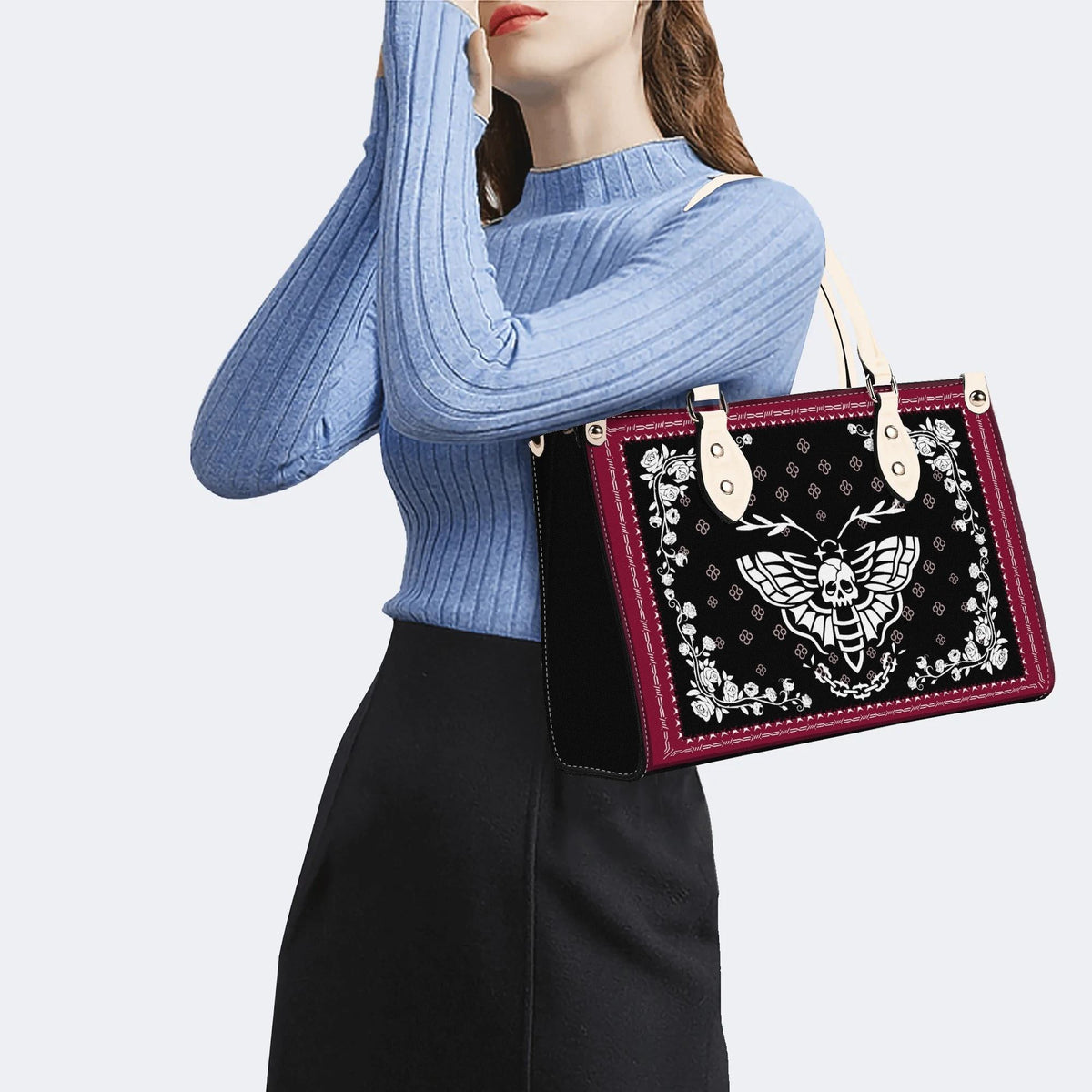 White Death Moth Print - Leather Handbag