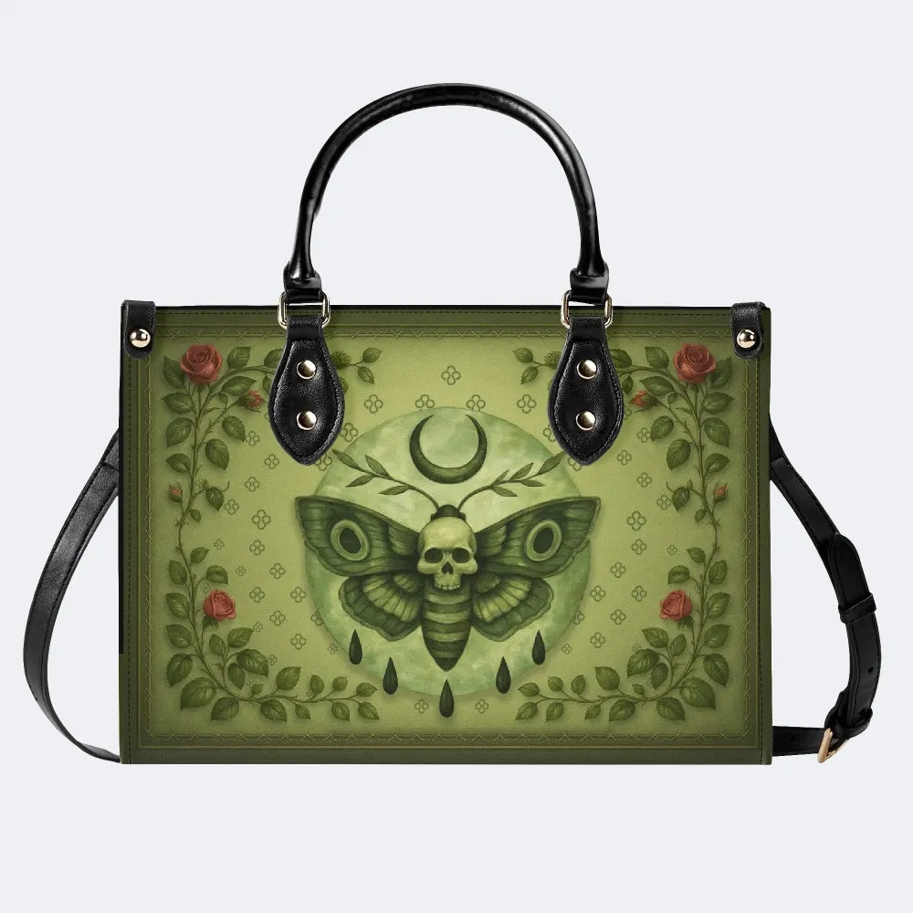 Green Death Moth Floral Print - Leather Handbag