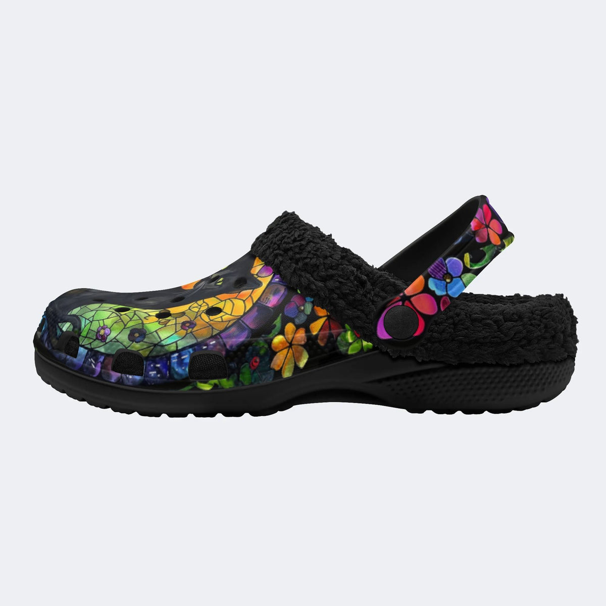 Colorful Glass And Black Cat - Fur Lined Slippers/Sandals
