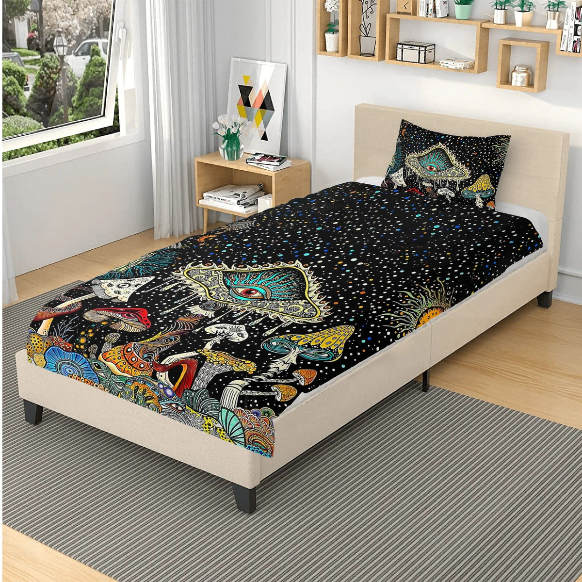 Retro Dark Mushroom Eyes Halloween Print - Three Piece Bedding Set