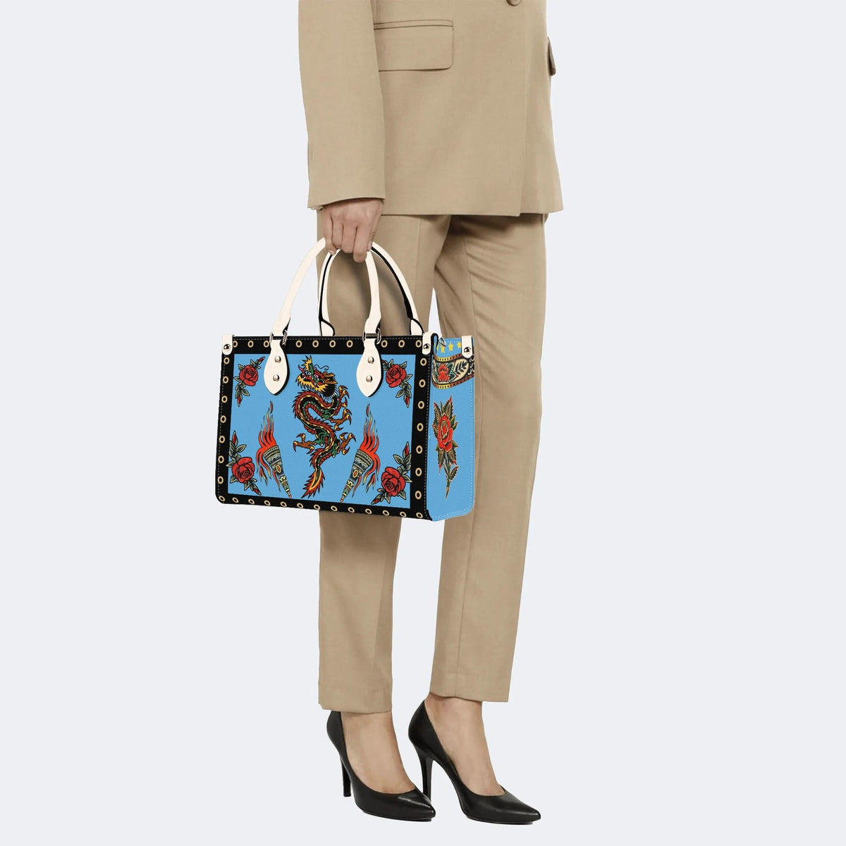 Vintage Torch And Dragon Print - Leather Handbag