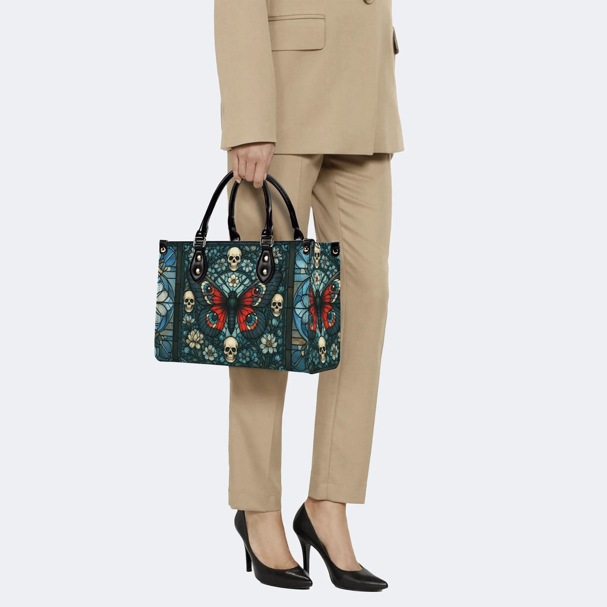 Vintage Moth And Skull Print - Leather Handbag
