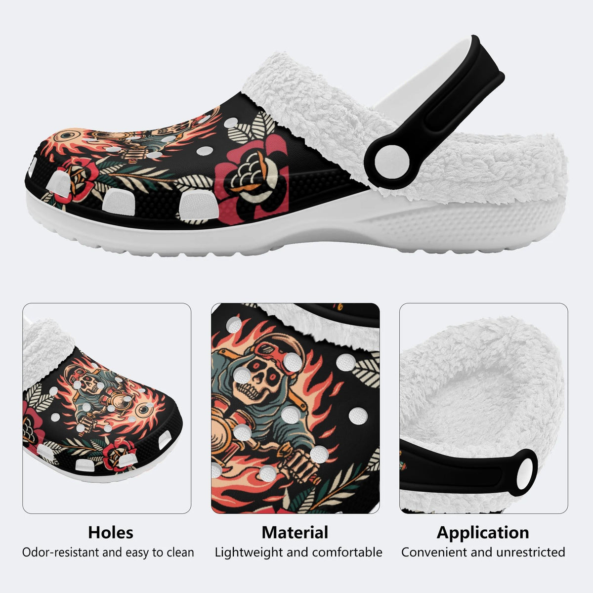 Skull Biker Print - Fur Lined Slippers/Sandals