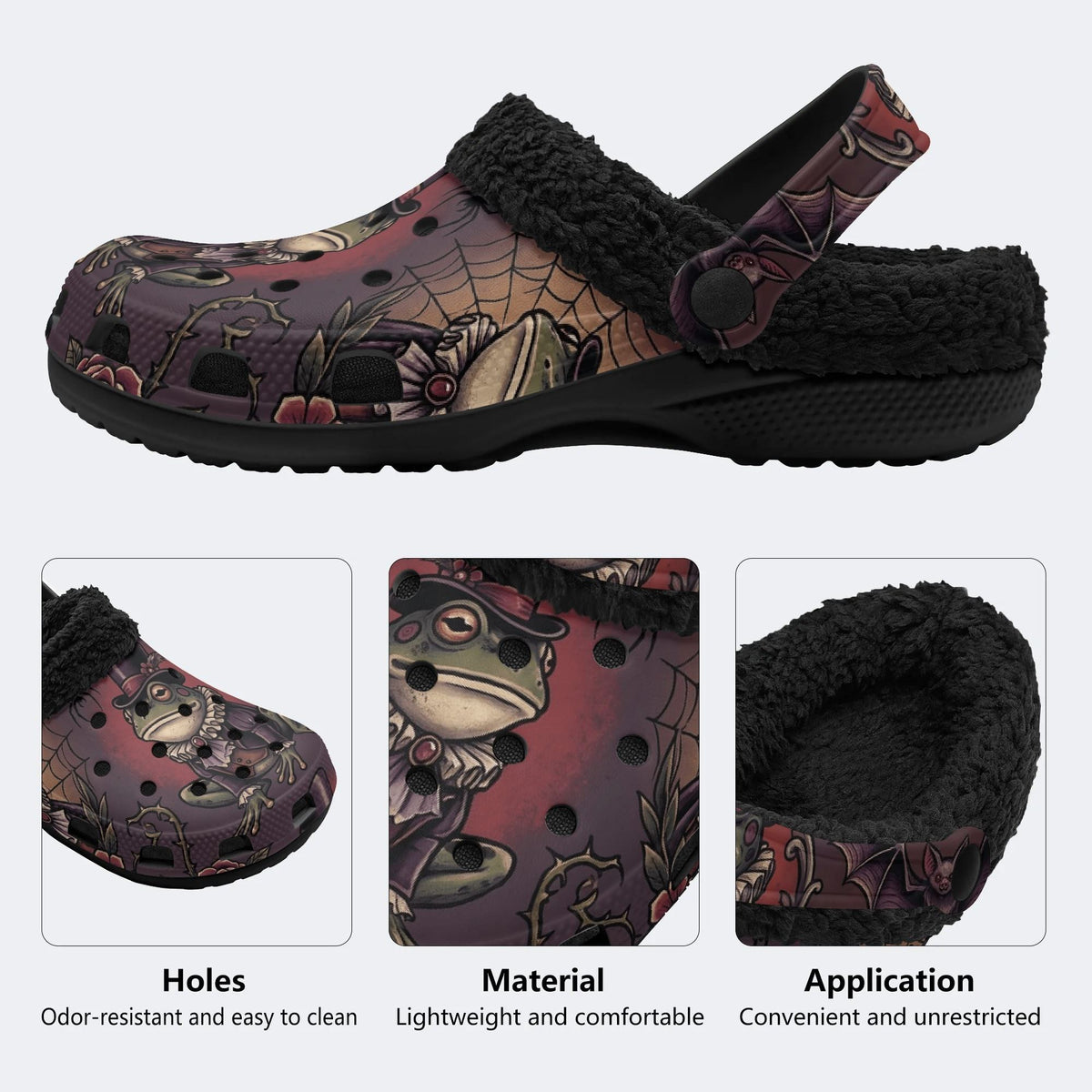 Gothic Gentleman Frog Vintage Rose Bat - Fur Lined Slippers/Sandals