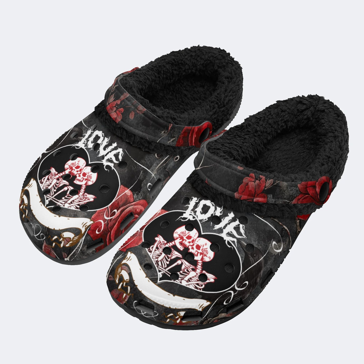 Personalized Couple Name Romantic Skeleton Hug Print - Fur Lined Slippers/Sandals