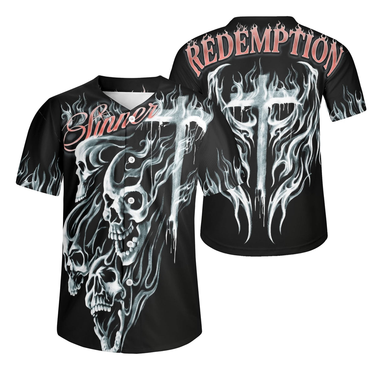 Flame Sinner Skulls - Men's Short Sleeve Baseball Jersey
