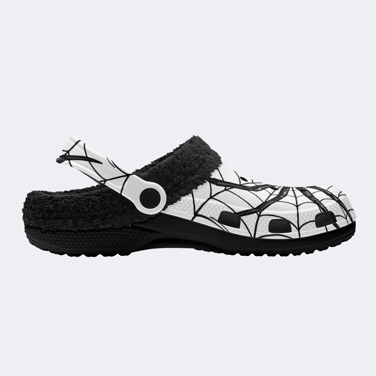 Gothic Black Spider Spiderweb White Base - Fur Lined Slippers/Sandals