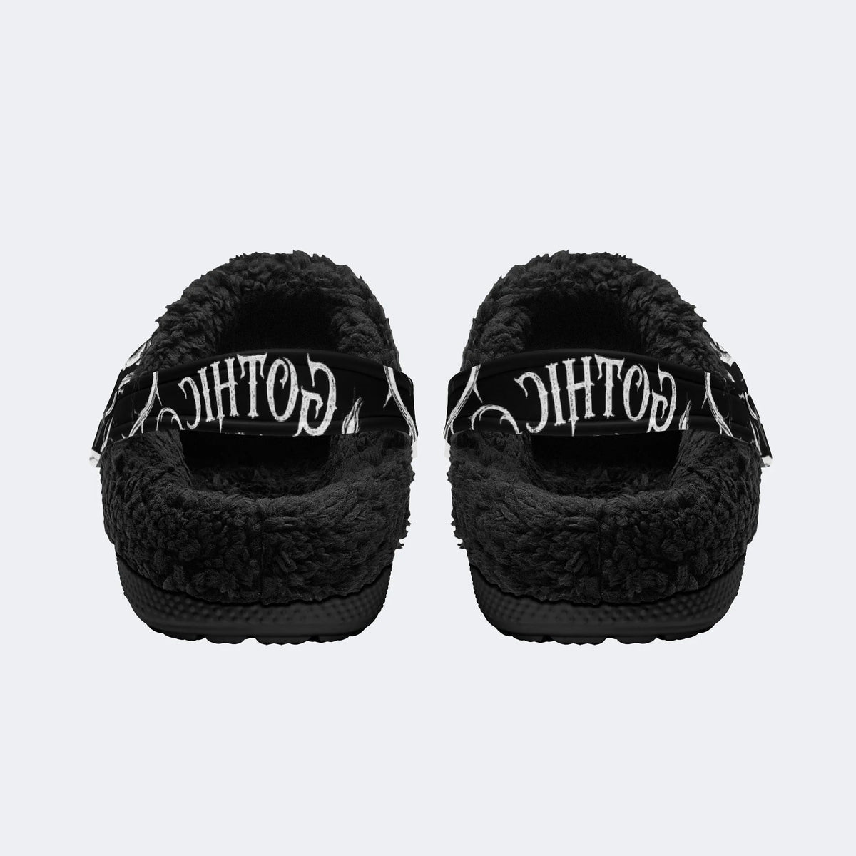 Gothic Monochrome Skull Rose Thorn‑Fur Lined Slippers/Sandals