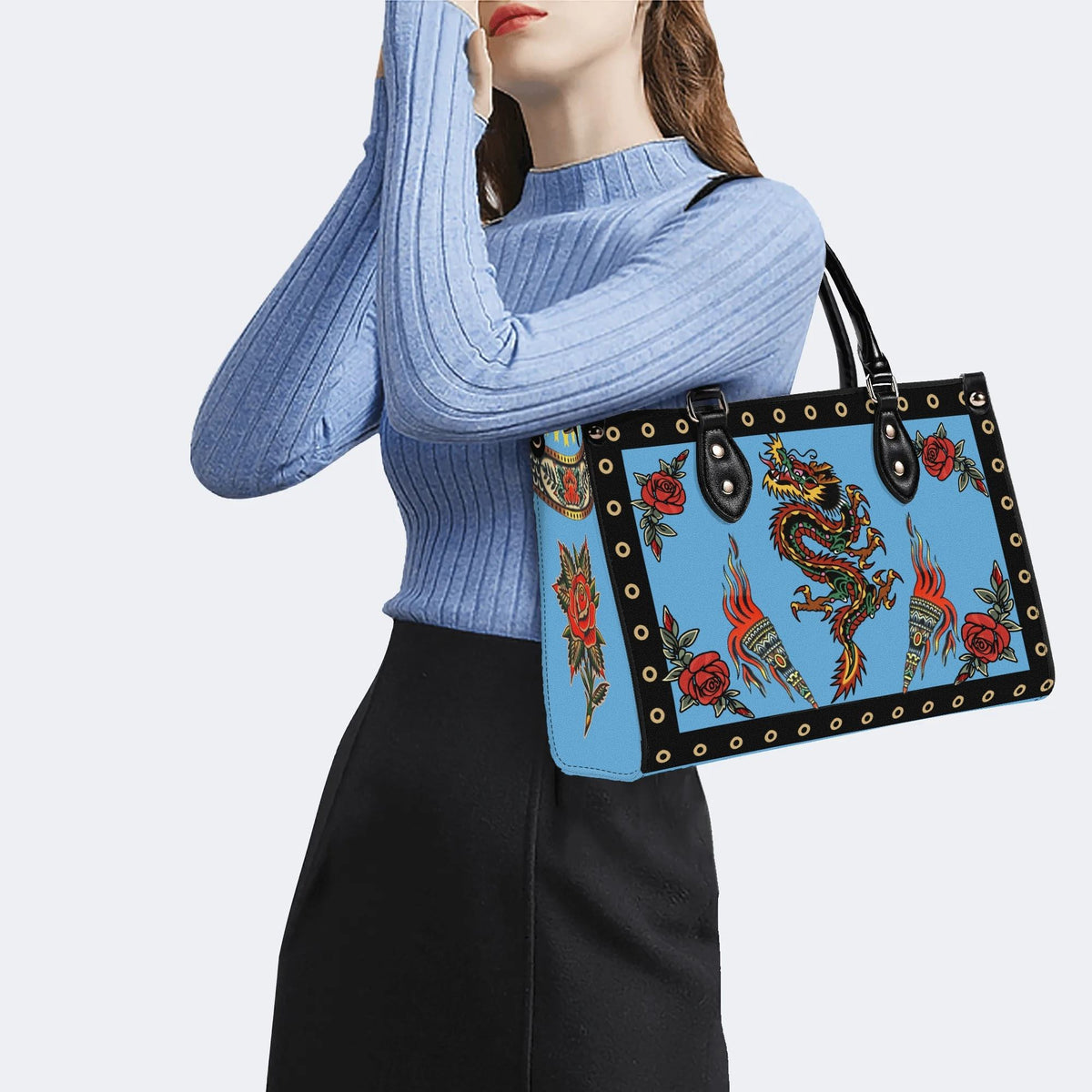 Vintage Torch And Dragon Print - Leather Handbag