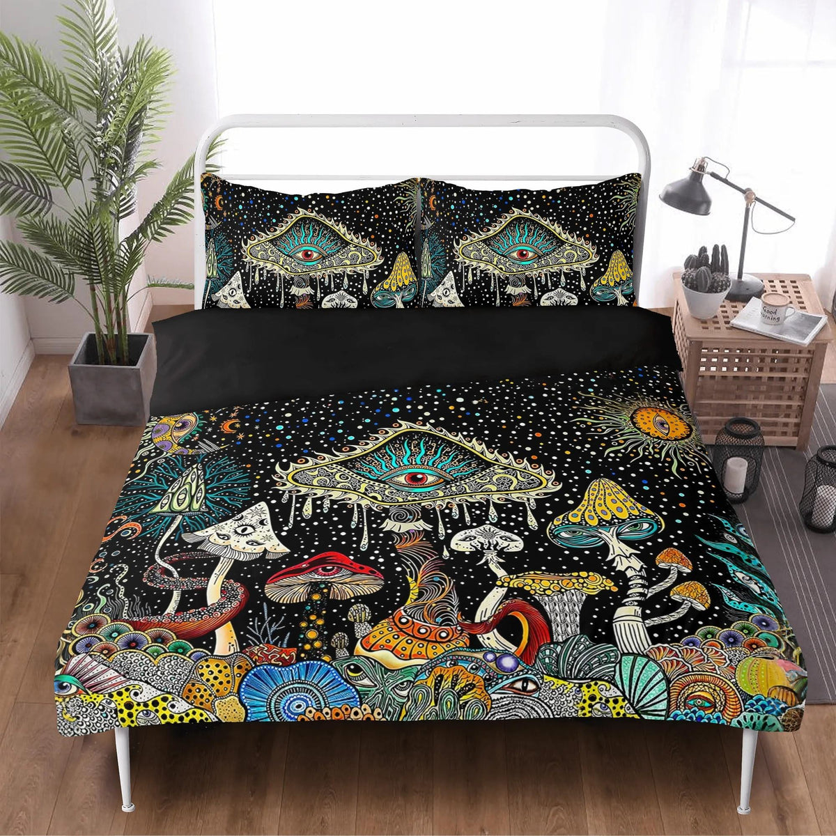 Retro Dark Mushroom Eyes Halloween Print - Three Piece Bedding Set
