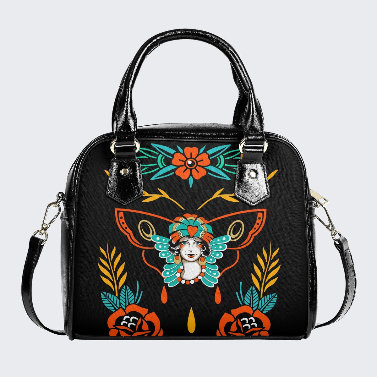 Old School Butterfly Woman Print - Leather Shoulder Handbag