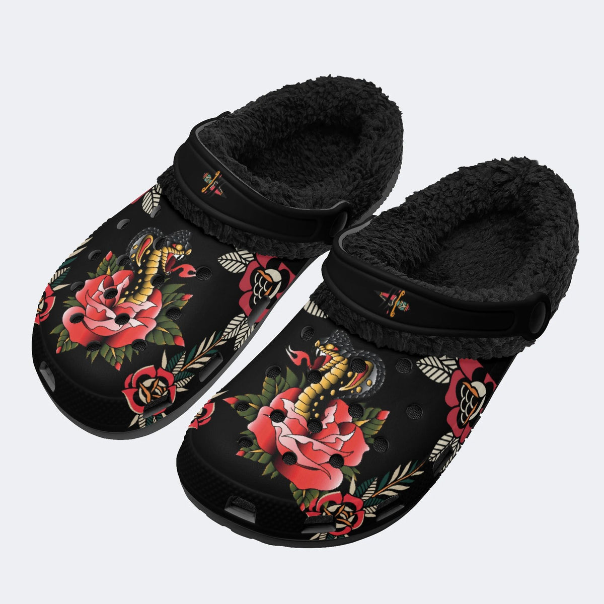 Cobra&Flowers Print - Fur Lined Slippers/Sandals