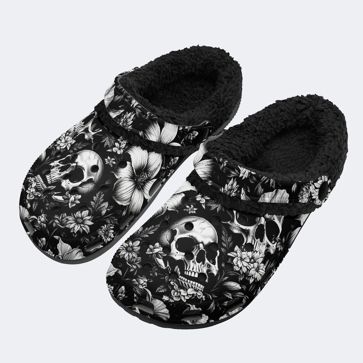 Vintage Floral Skull‑Fur Lined Slippers Sandals